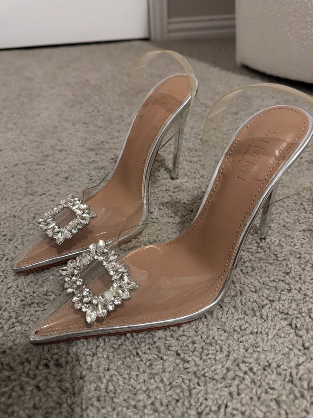 Crystal Buckle Clear Stiletto Mule in Nude